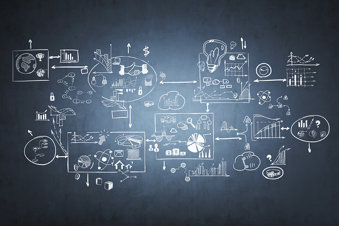 Business strategy and planning mind map drawn on blackboard